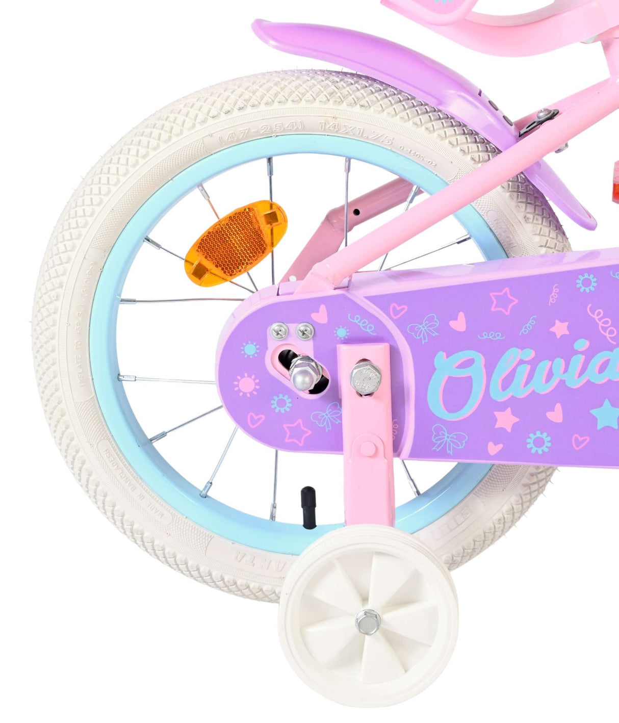 Rosa Kinderfahrrad mit weißen Reifen und bunten Aufklebern