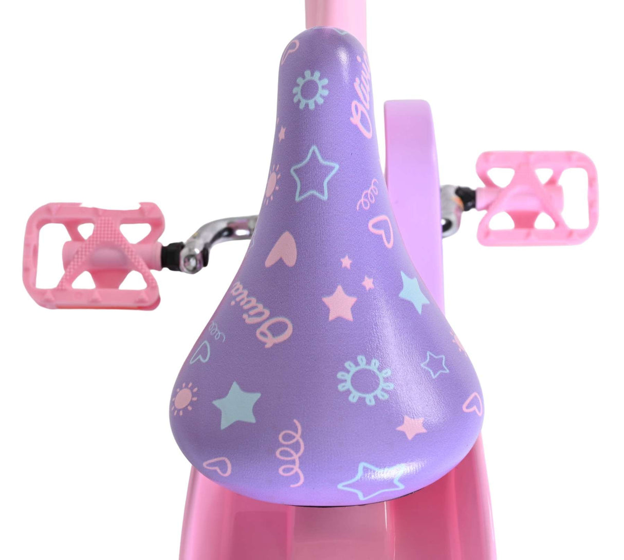 Kinderrad mit lila Sattel und bunten Sternen und Mustern