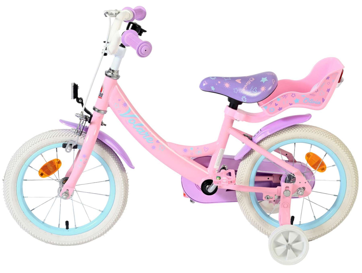 Volare Olivia Kinderfahrrad Mädchen 14 Zoll Rosa mit abnehmbaren Stützrädern, Rücktrittbremse