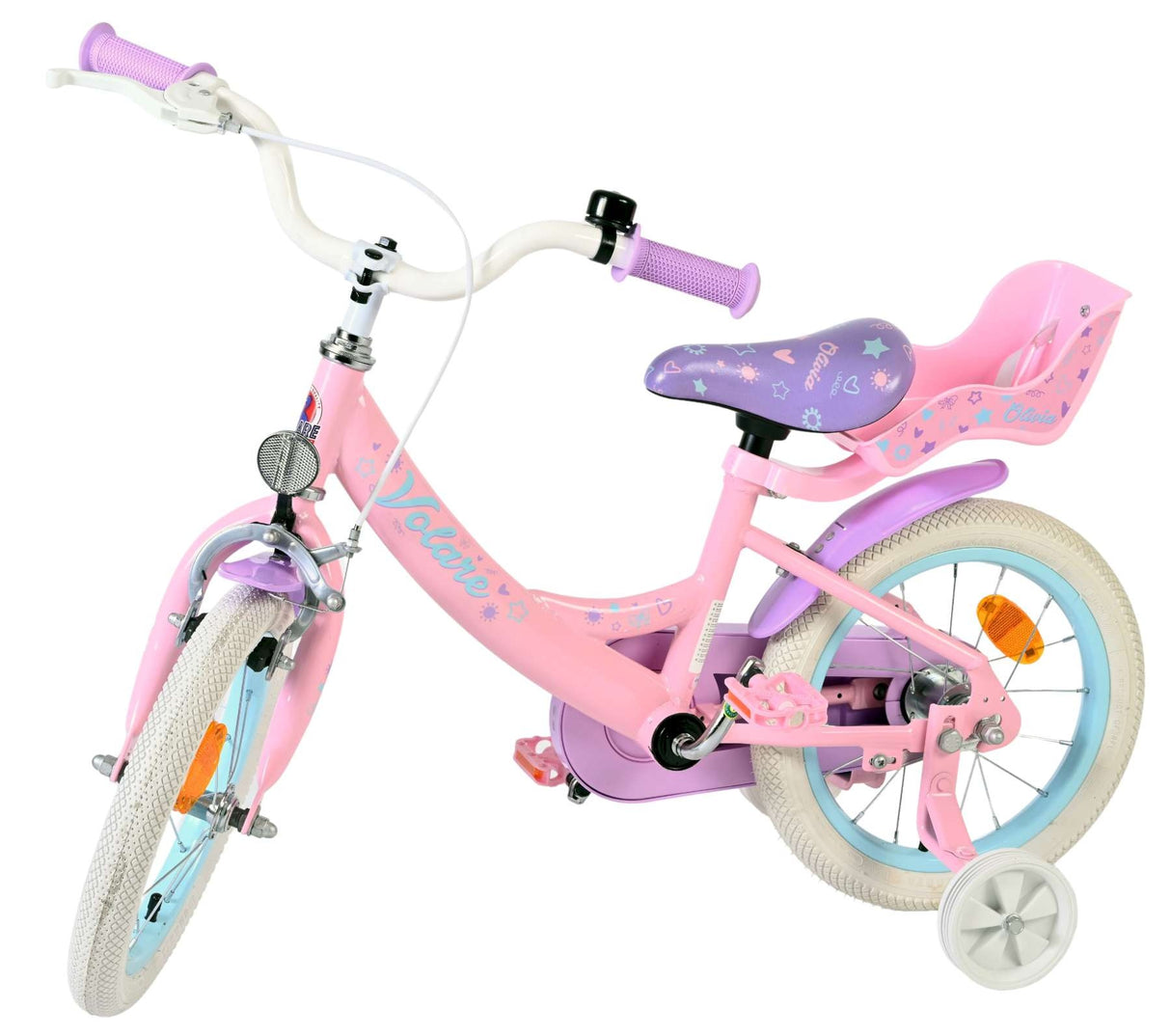 Rosa Kinderfahrrad mit einem Sitz für eine Puppe und weißen Reifen