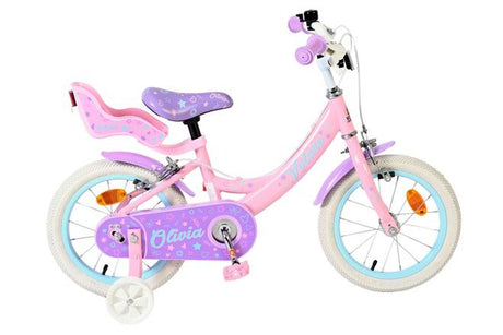 Rosa Kinderfahrrad mit weißen Reifen und gepolstertem Sitz