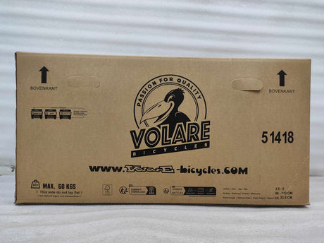 Kartonverpackung für ein Fahrrad mit Logo und Gewichtshinweis