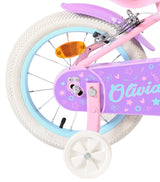Lila Kinderfahrrad mit weißen Reifen und pinken Details, Stützrad sichtbar