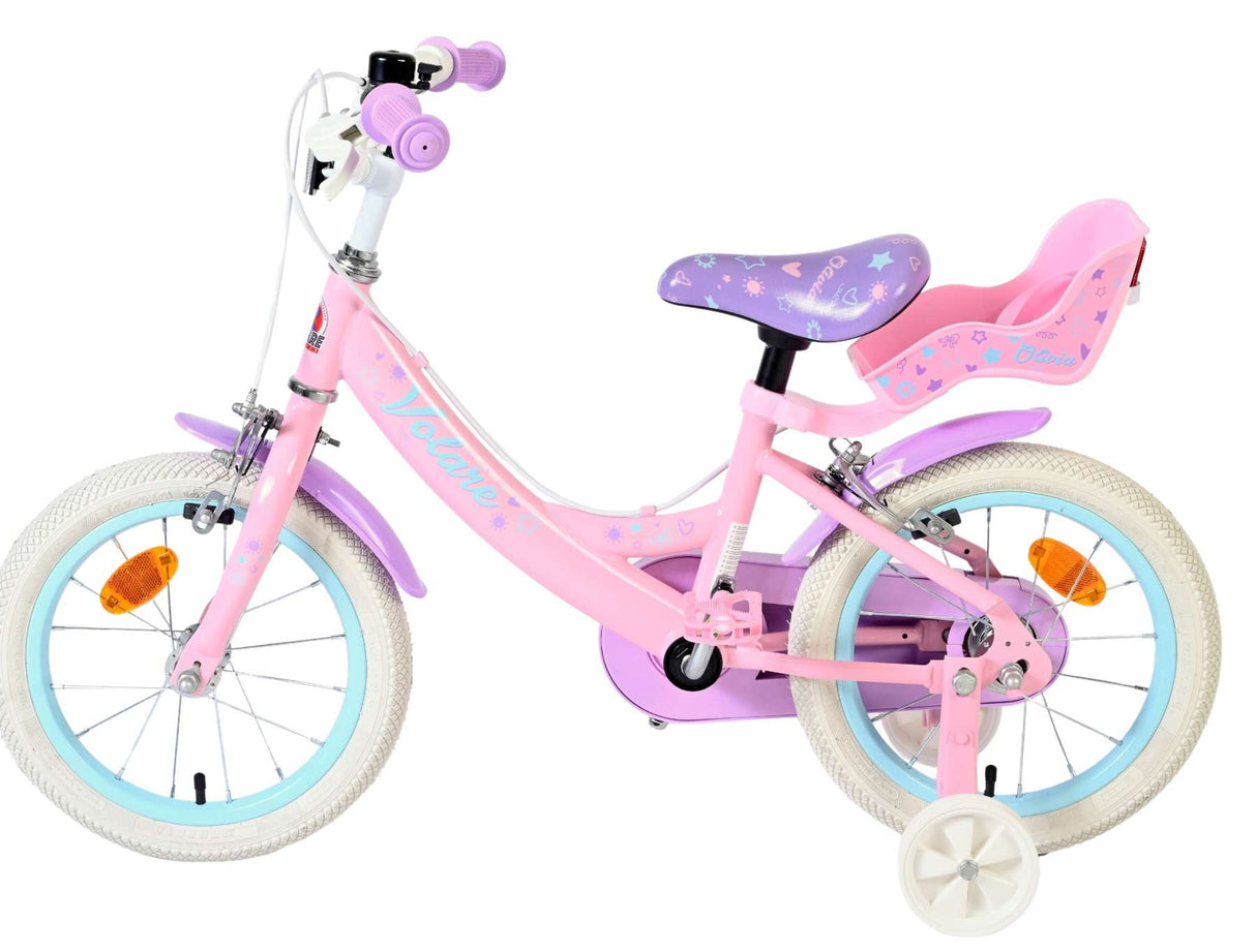 Rosa Kinderfahrrad mit weißen Reifen und Sitz für eine Puppe