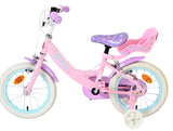 Rosa Kinderfahrrad mit weißen Reifen und Sitz für eine Puppe