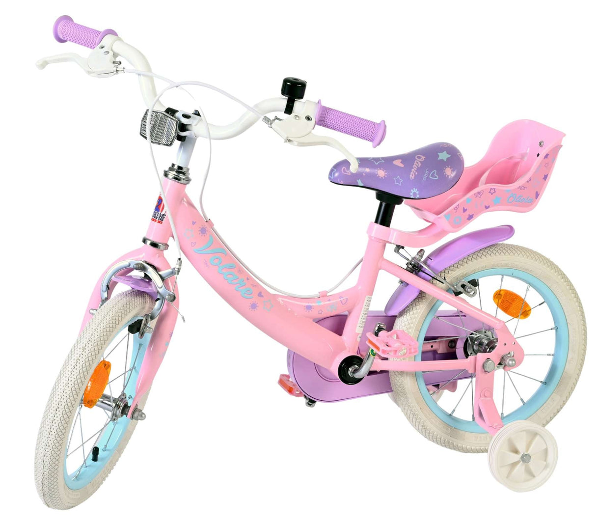 Rosa Kinderfahrrad mit Gepäckträger und Sicherheitsrad hinten