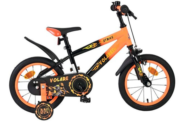 Schwarzes Kinderfahrrad mit orangefarbenen Akzenten und Flammenmotiv