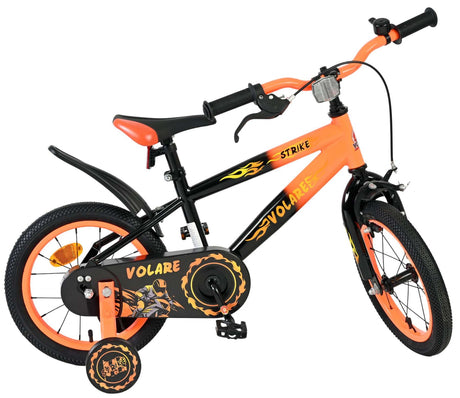 Kinderfahrrad in Orange und Schwarz mit sportlichem Design und Stützrädern