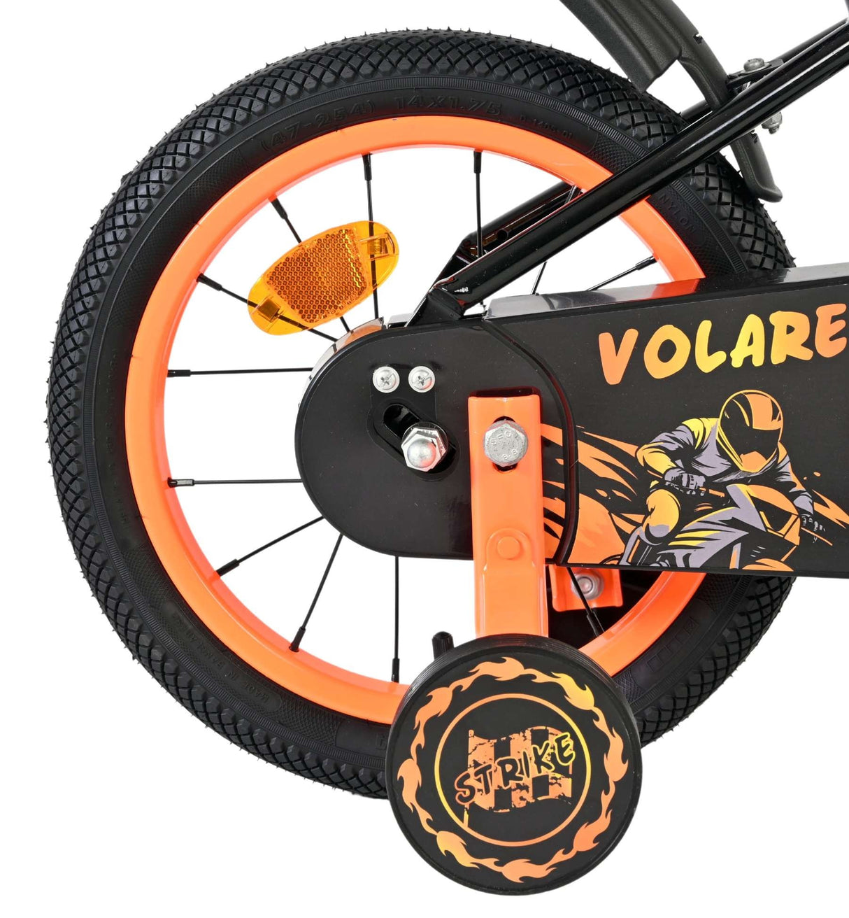 Schwarzes Fahrrad mit orangefarbenen Reifen und Stützrad, sportliches Design