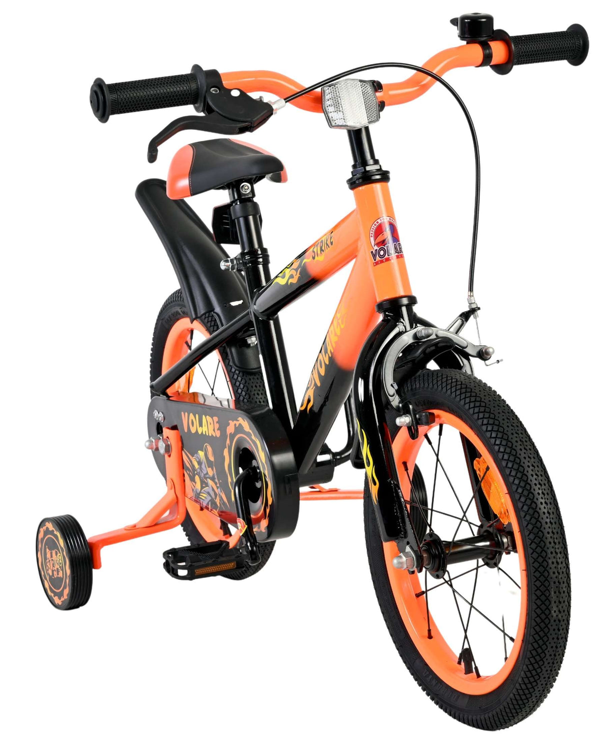 Kinderfahrrad in Schwarz und Orange mit Stützrädern und sportlichem Design