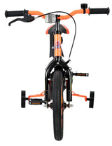 Kinderfahrrad mit Stützrädern in Orange und Schwarz, Frontansicht