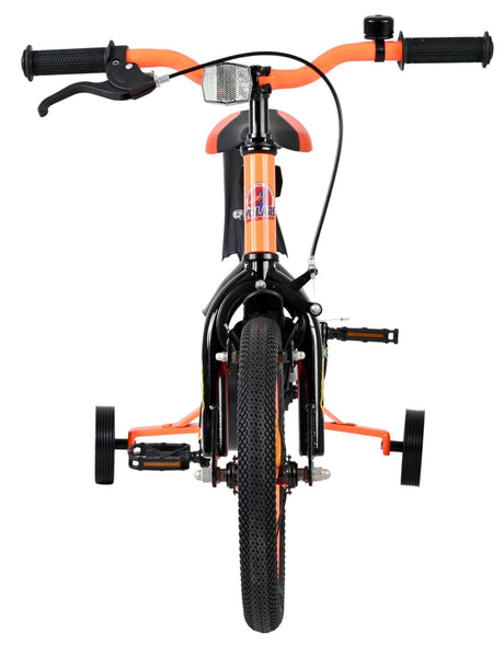 Kinderfahrrad mit Stützrädern in Orange und Schwarz, Frontansicht