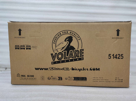 Kartonverpackung für ein Fahrrad mit Logo und Gewichtshinweis