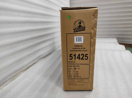 Braune Kartonverpackung mit Produktinformationen und Barcode, schwarz-orange Farbe