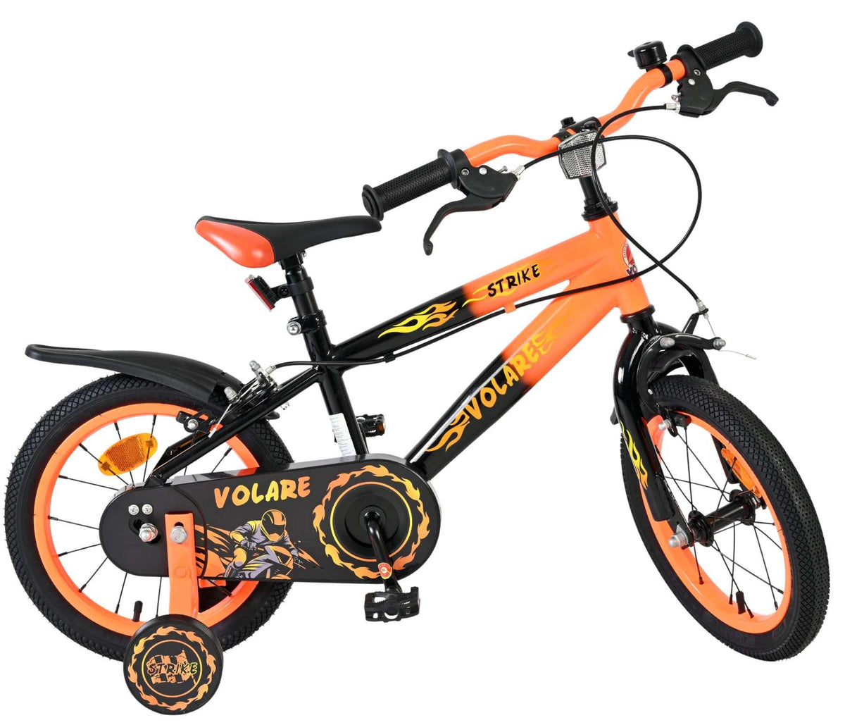 Kinderfahrrad in Schwarz und Orange mit sportlichem Design und Schutzblechen
