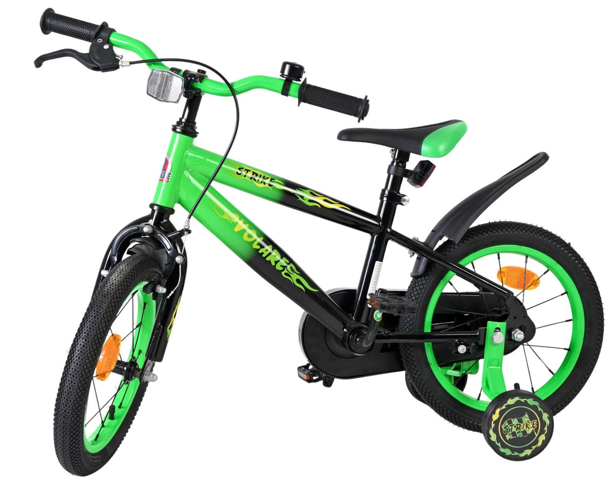 Schwarzes Kinderfahrrad mit grünen Akzenten und 16-Zoll-Rädern