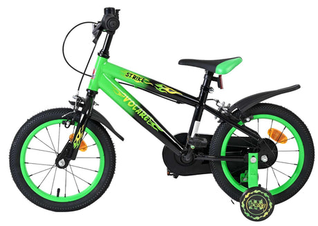 Kinderfahrrad in Schwarz und Grün mit Stützrädern und 16-Zoll-Rädern