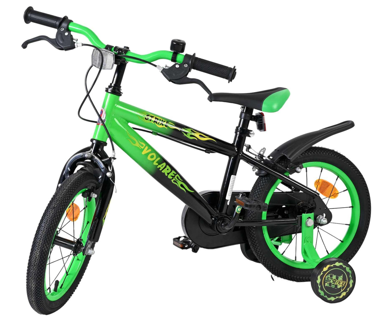 Schwarzes Kinderfahrrad mit grünen Akzenten und 16-Zoll-Rädern