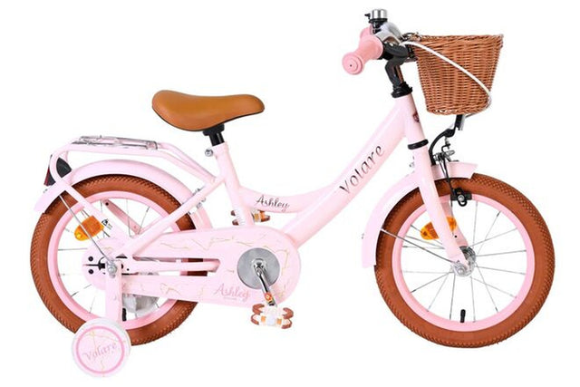 Rosa Kinderfahrrad mit Korb, braunen Reifen und bequemer Sitzfläche