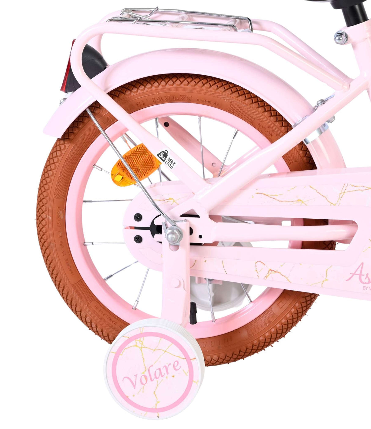 Rosa Kinderfahrrad mit braunem Reifen und Stützrad