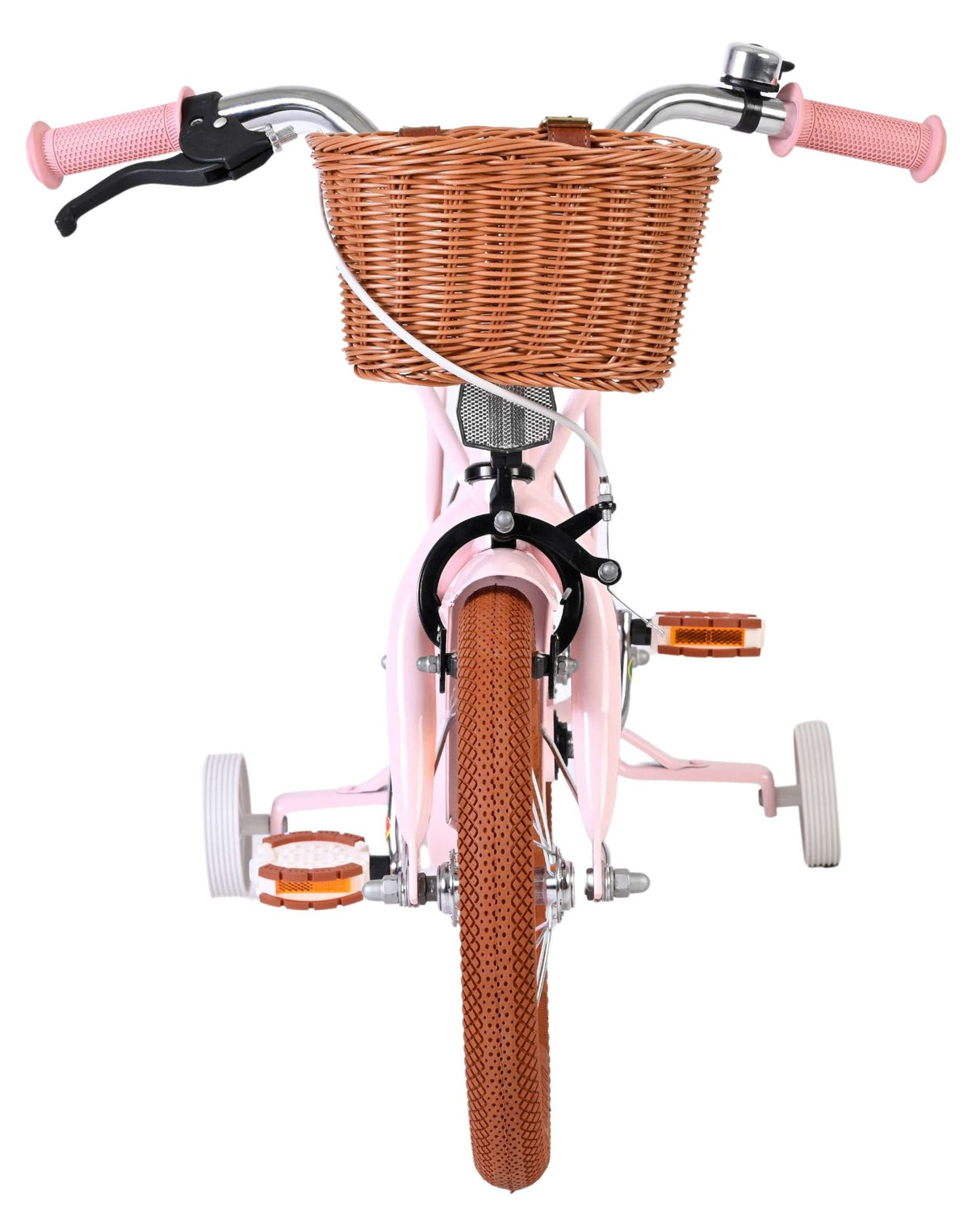 Rosa Kinderfahrrad mit Korb und Stützrädern, vordere Ansicht