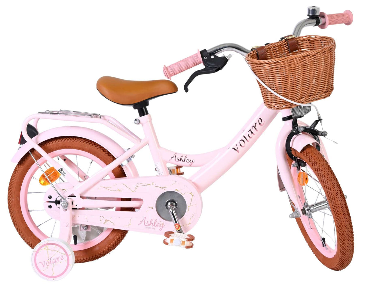Rosa Kinderfahrrad mit Korb, braunen Reifen und bequemer Sitzfläche