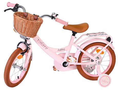 Rosa Kinderfahrrad mit Korb, braunen Reifen und gepolstertem Sattel