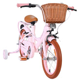 Rosa Kinderfahrrad mit Korb und Stützrädern, brauner Sitz