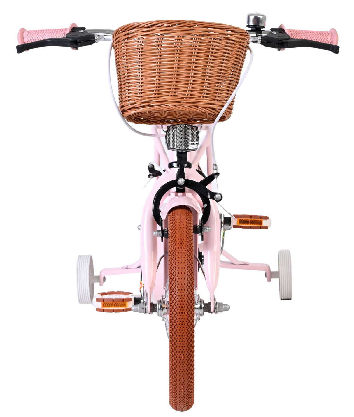 Rosa Kinderfahrrad mit Korb und braunen Gummireifen