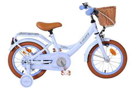 Kinderfahrrad in Blau mit Korb und braunen Reifen