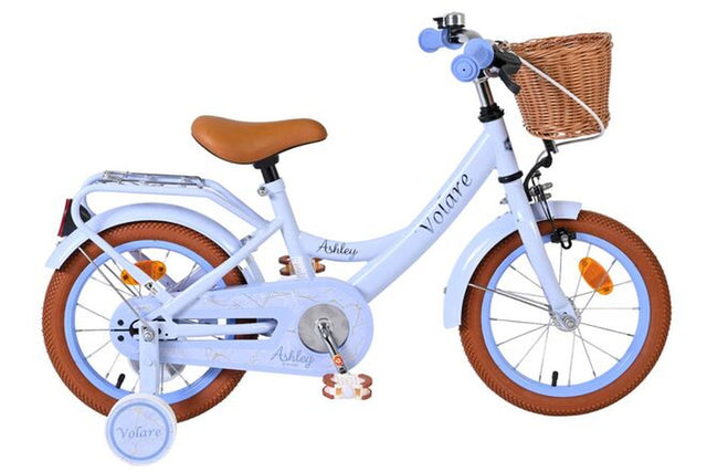 Kinderfahrrad in Blau mit Korb und braunen Reifen