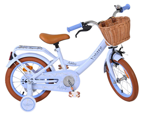 Blaues Kinderfahrrad mit Korb, braunem Sattel und Reifen