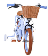 Kinderfahrrad mit Korb, blauer Rahmen und braunen Reifen