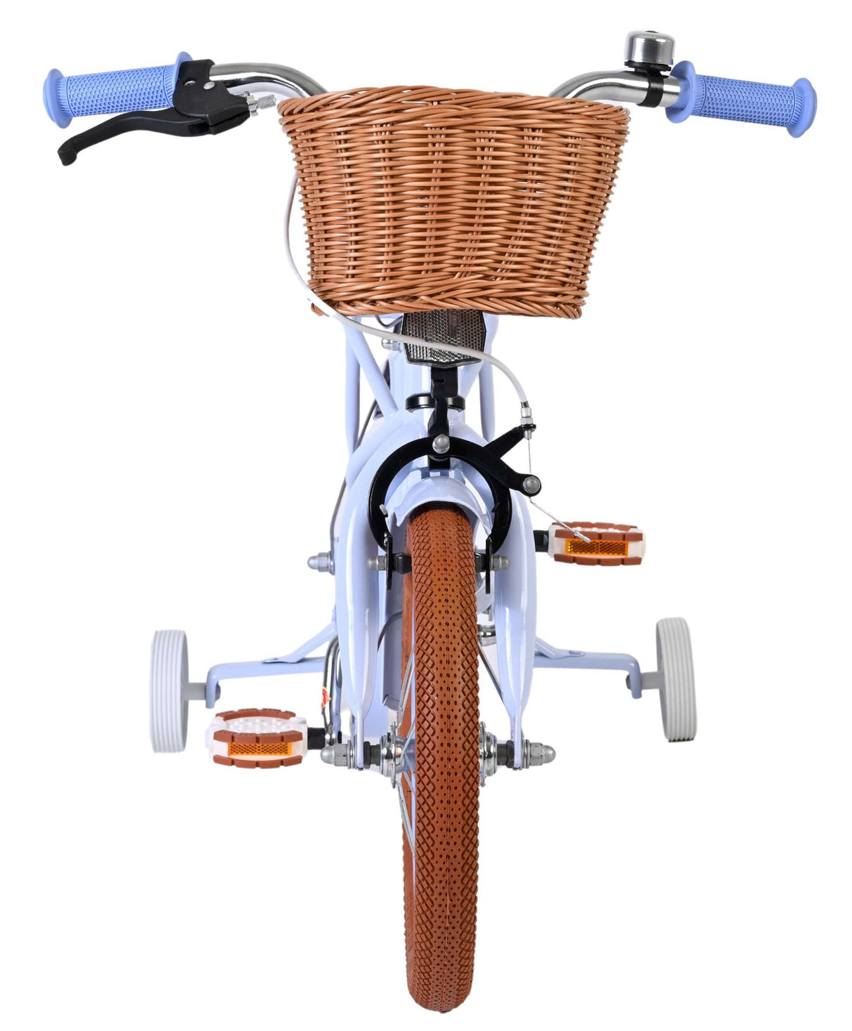 Kinderfahrrad mit Korb, blauen Griffen und orangefarbenen Reifen