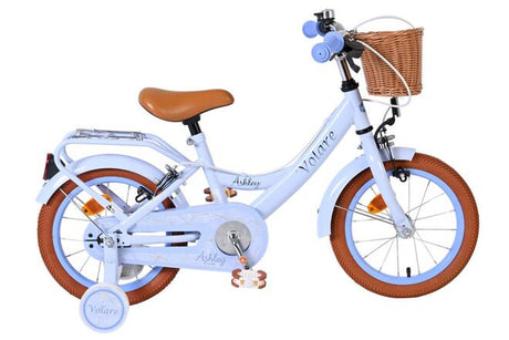 Kinderfahrrad in Weiß mit braunen Reifen und Korb vorne