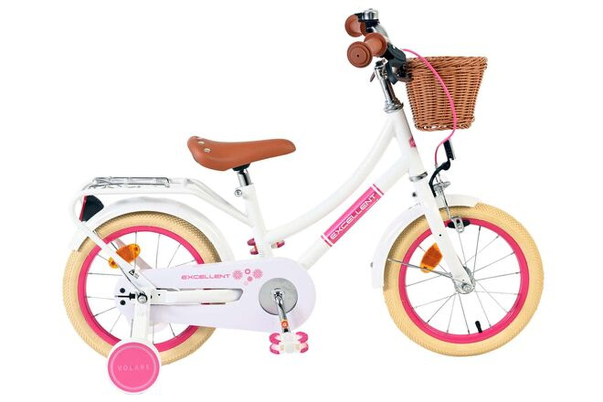Weißes Kinderfahrrad mit pinken Akzenten und Korb vorne