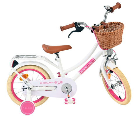 Weißes Kinderfahrrad mit pinken Akzenten und Korb vorne
