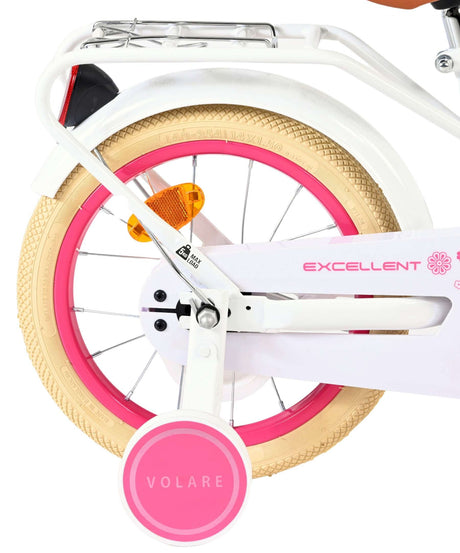 Fahrrad mit pinken Reifen und weißem Rahmen, seitliche Ansicht der Hinterradfelge
