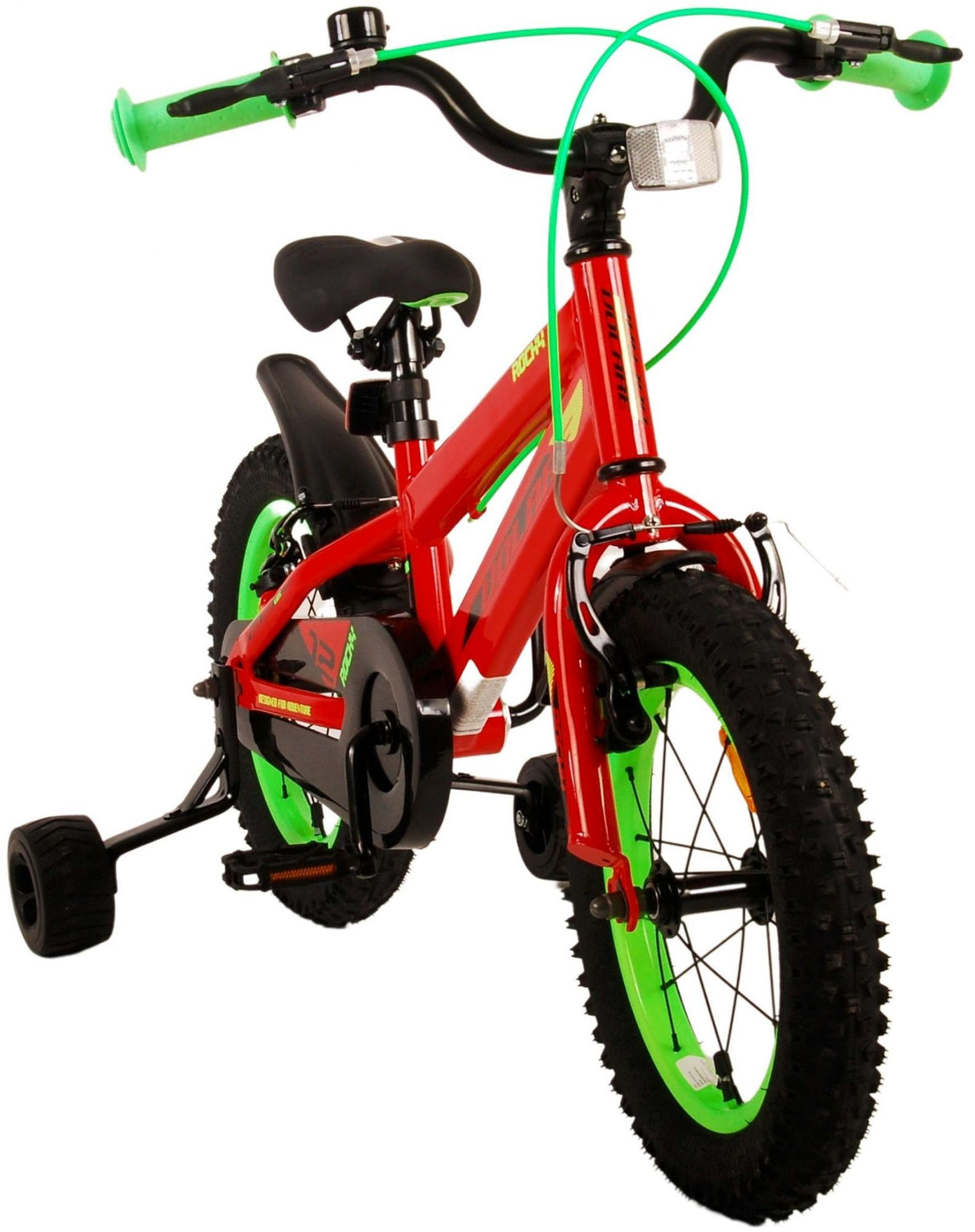 Rotes Kinderfahrrad mit grünen Details und Stützrädern
