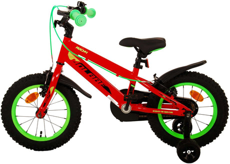 Rotes Kinderfahrrad mit grünen Reifen und Hupe