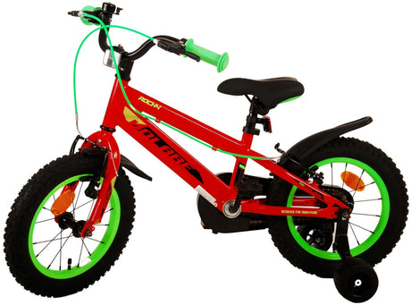 Rotes Kinderfahrrad mit grünen Akzenten und dicken Reifen
