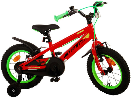 Rotes Kinderfahrrad mit grünen Akzenten und Stützrädern