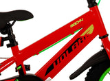 Rotes Kinderfahrrad mit grünen Akzenten und robustem Rahmen