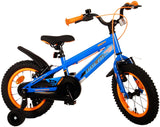 Blaues Kinderfahrrad mit orangefarbenen Akzenten und stabilen Reifen