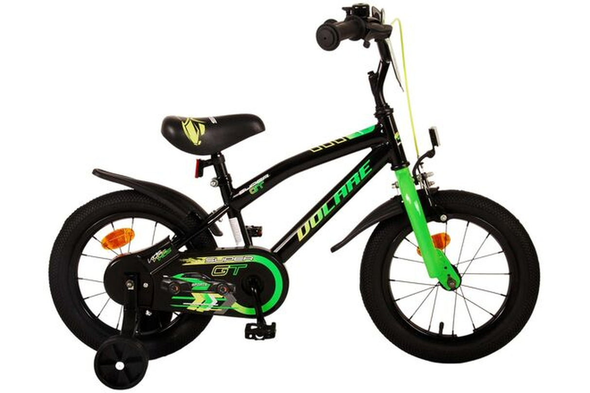 Schwarzes Kinderfahrrad mit grünen Akzenten und Stützrädern