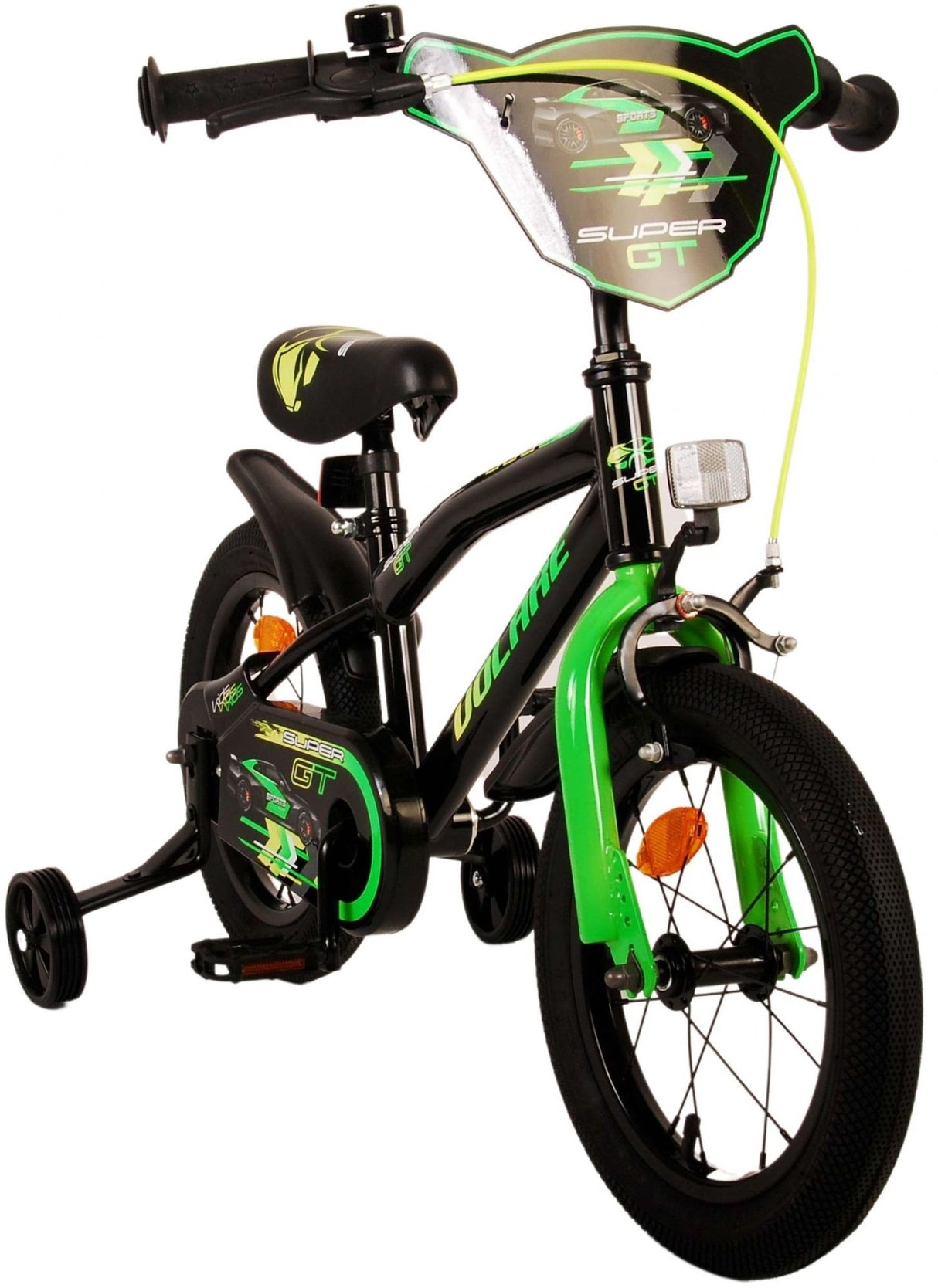Schwarzes Kinderfahrrad mit grünen Akzenten und Stützrädern