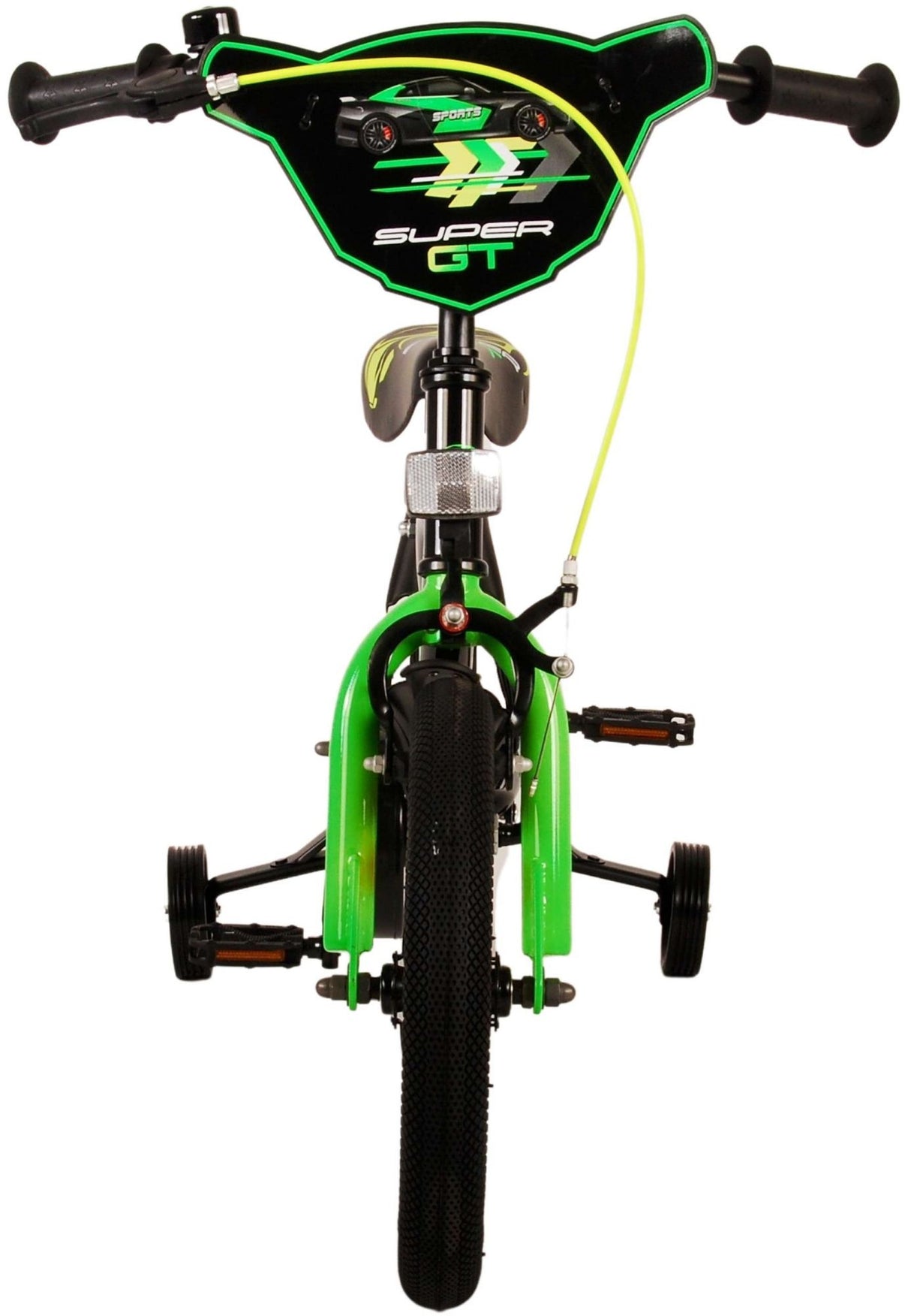 Kinderfahrrad mit grünen Akzenten und Stützrädern, Frontansicht