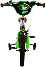 Kinderfahrrad mit grünen Akzenten und Stützrädern, Frontansicht