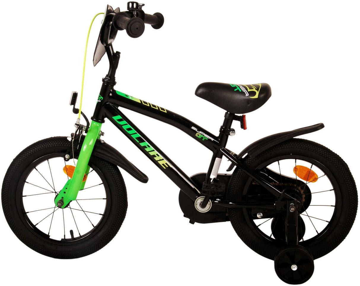 Schwarzes Kinderfahrrad mit grünen Akzenten und Stützrädern