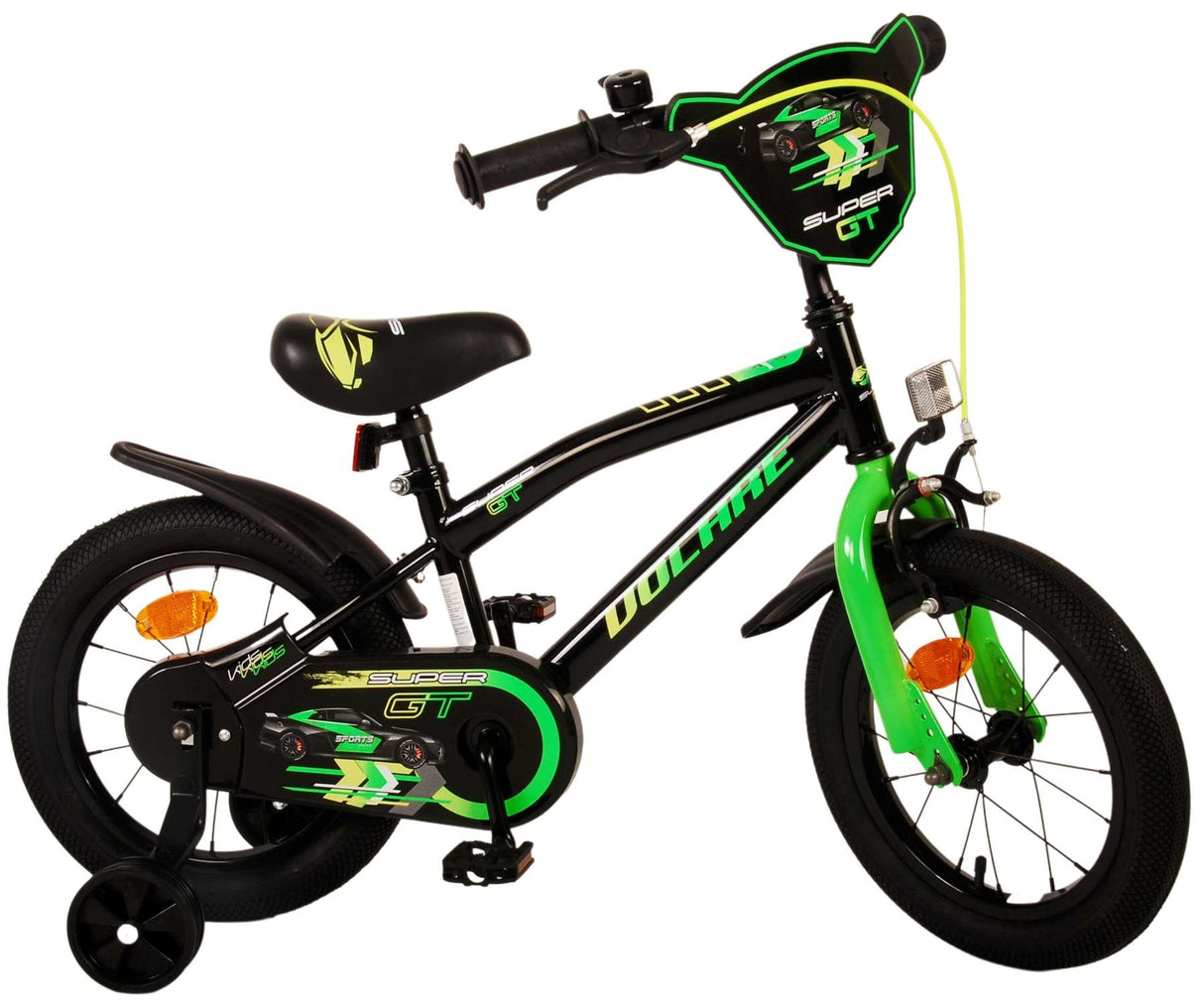 Schwarzes Kinderfahrrad mit grünen Akzenten und Stützrädern